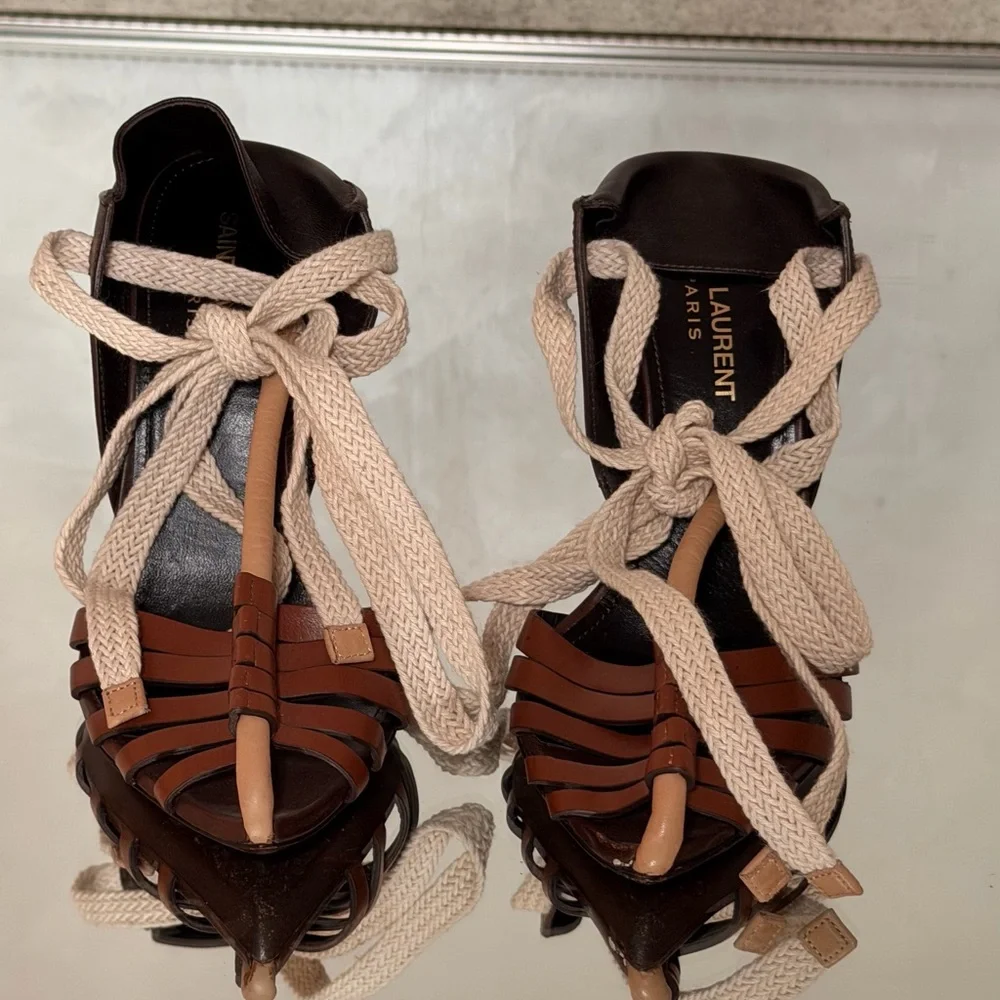 Saint Laurent Brown Leather High Heel Sandals with Cream Rope Trim - Picture 10 of 10